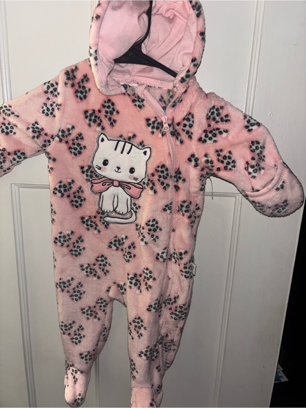 Cozy Pink Kitty Hooded Footed One-Piece for Baby Girls